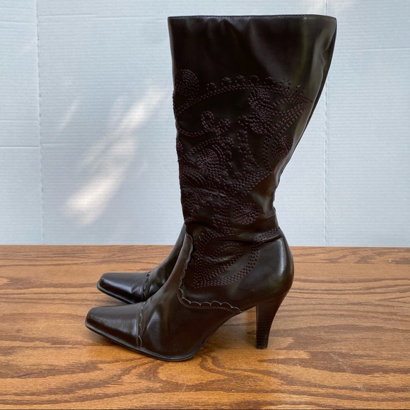 Vintage Y2K Brown Embroidered Floral Heel Boot 7.5 - Picture 11 of 12